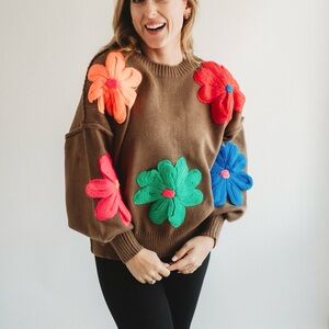 Floral Embellished Brown Sweater